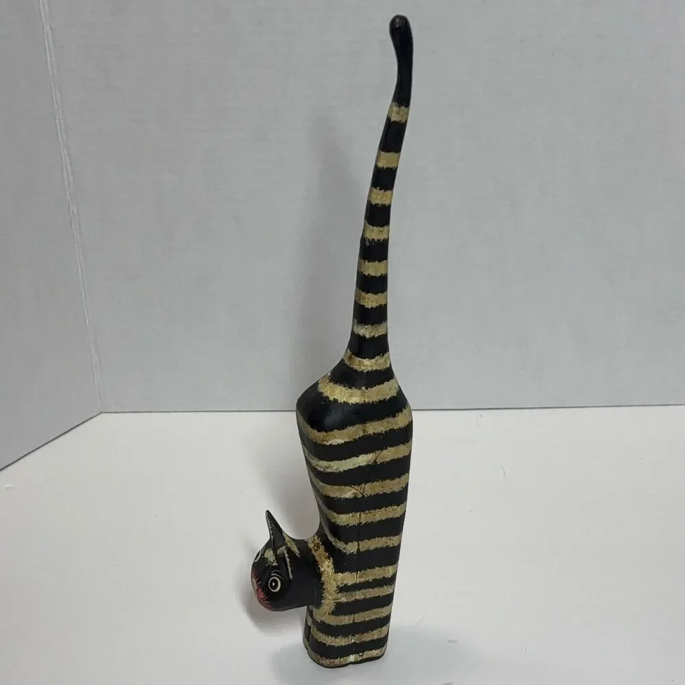 Carved Wooden Striped Cat Figurine Folk Art Hand-Painted Black Gold